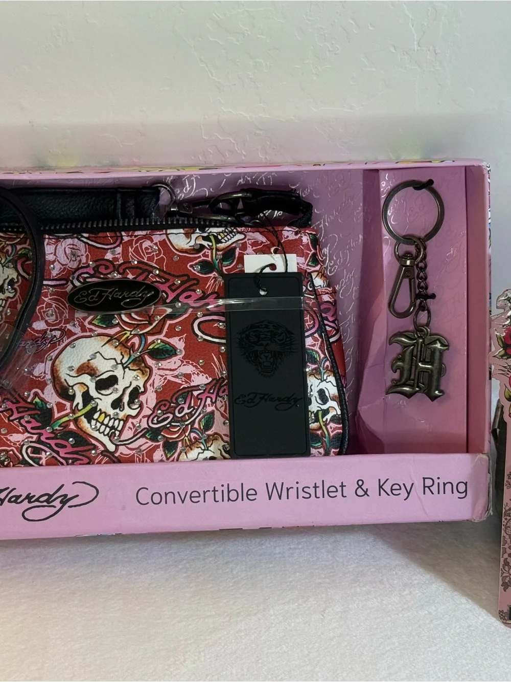 NWT Ed Hardy Y2K Skull Rose Convertible Wristlet Key Ring & Lipstick Liner Set